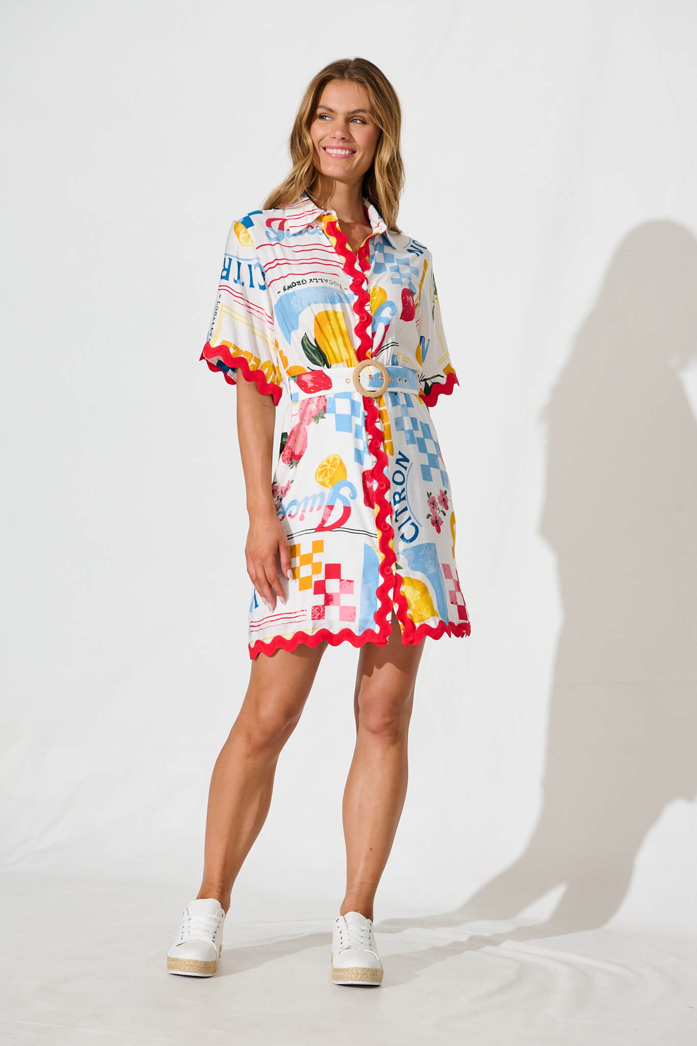 Maroa Shirt Dress in White Lemon Print Ric Rac Trim