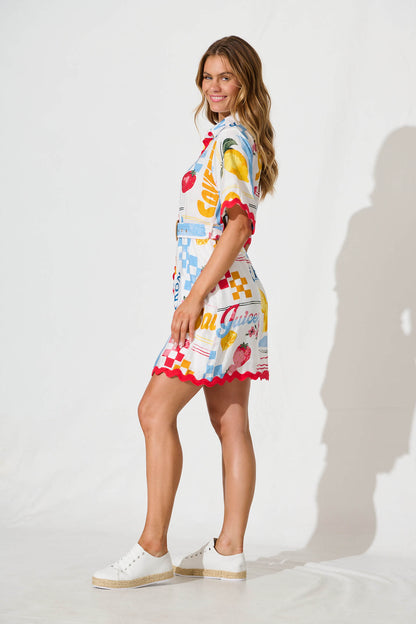 Maroa Shirt Dress in White Lemon Print Ric Rac Trim