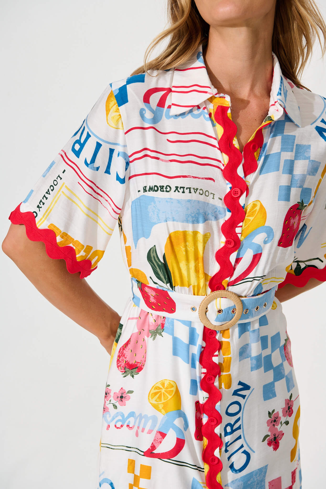 Maroa Shirt Dress in White Lemon Print Ric Rac Trim