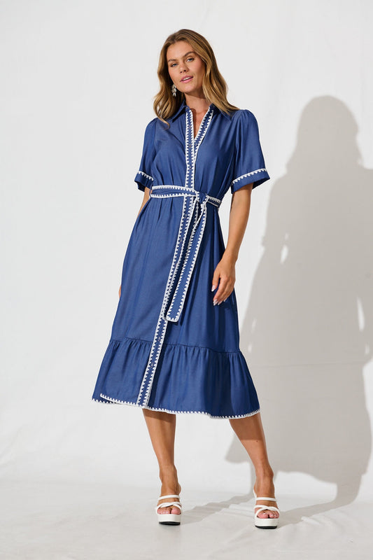 Aurora Midi Shirt Dress In Blue With White Contrast Stitch