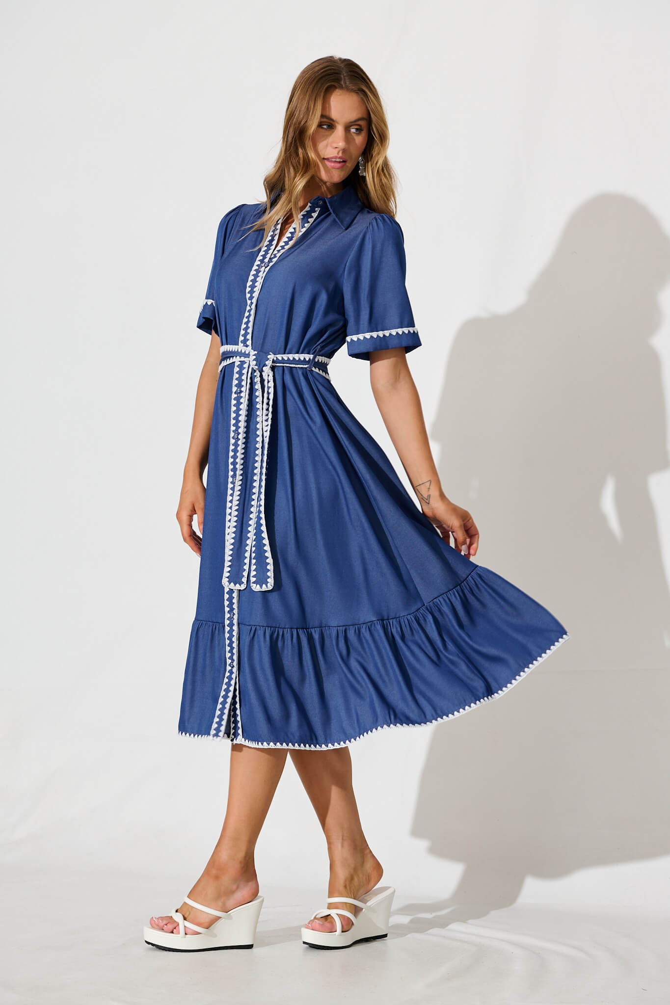 Aurora Midi Shirt Dress In Blue With White Contrast Stitch