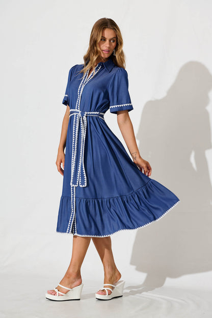 Aurora Midi Shirt Dress In Blue With White Contrast Stitch