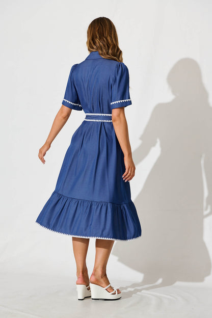 Aurora Midi Shirt Dress In Blue With White Contrast Stitch