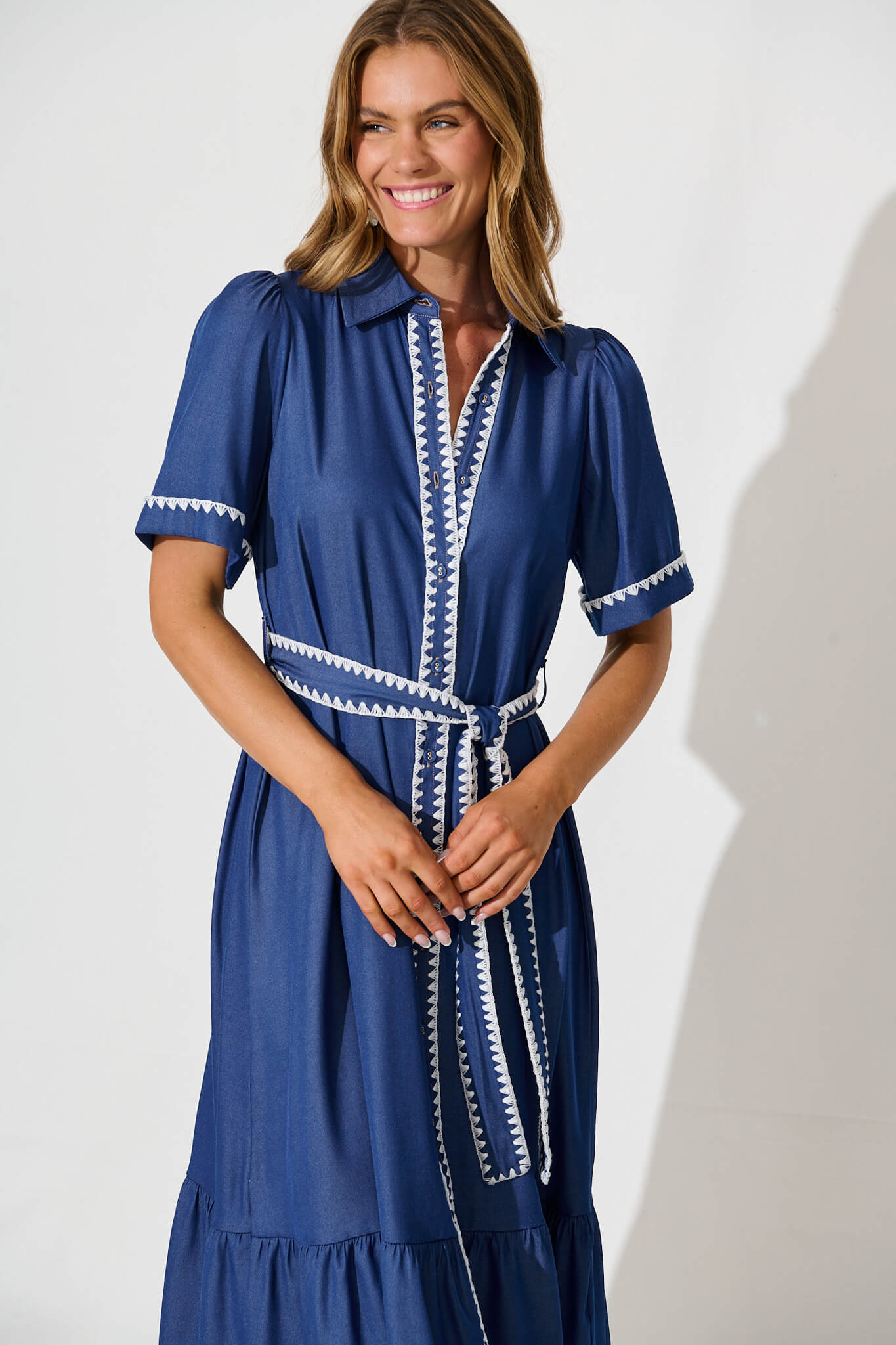 Aurora Midi Shirt Dress In Blue With White Contrast Stitch