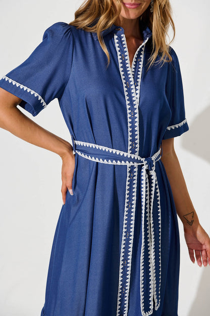 Aurora Midi Shirt Dress In Blue With White Contrast Stitch