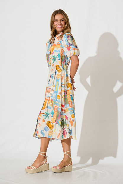 Dearest Midi Shirt Dress In Cream With Multi Summer Print