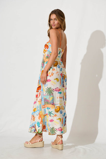 Hanalei Midi Sundress in Cream with Multi Summer Print