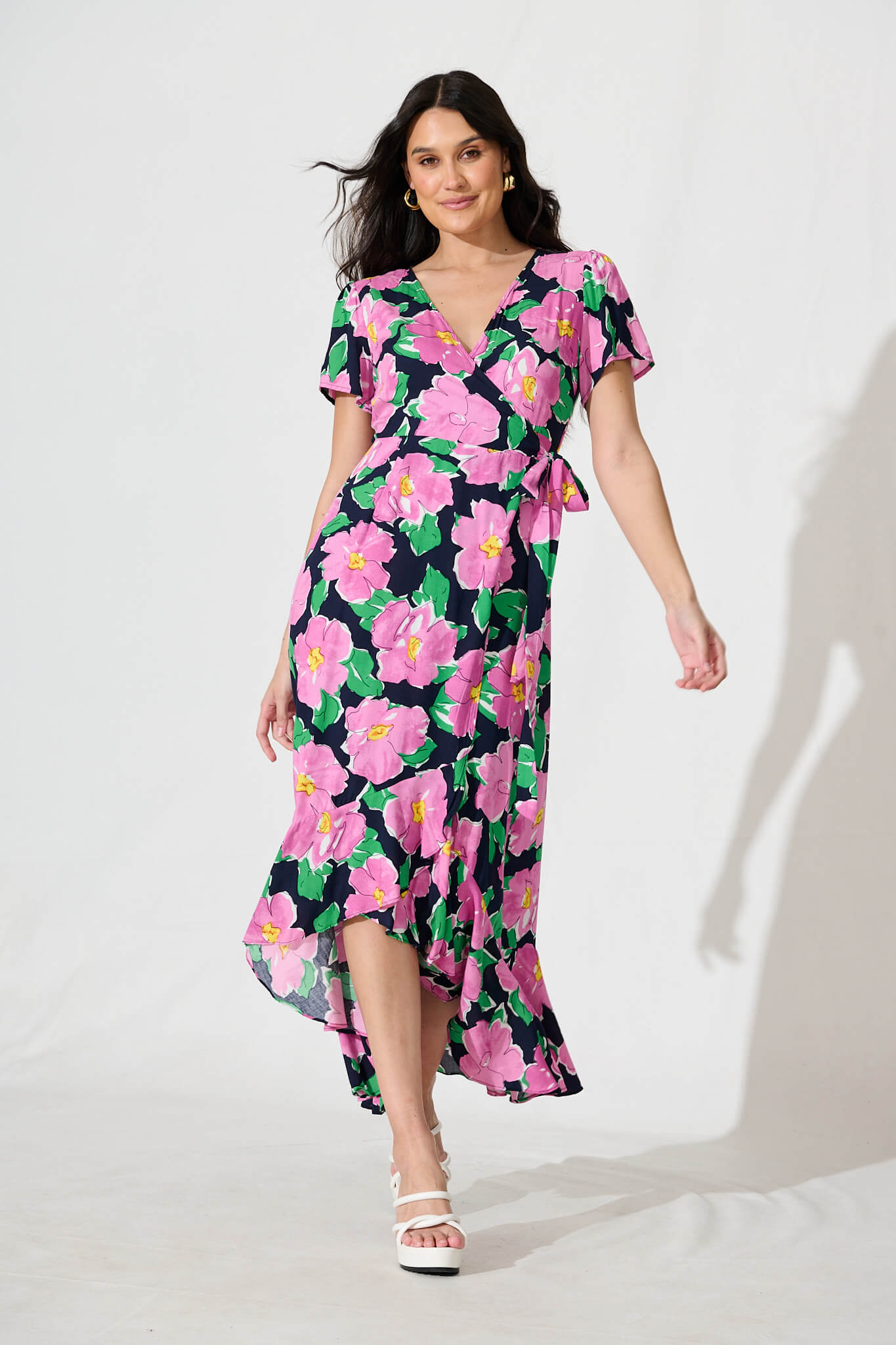 Naira Midi Wrap Dress in Black and Purple Floral