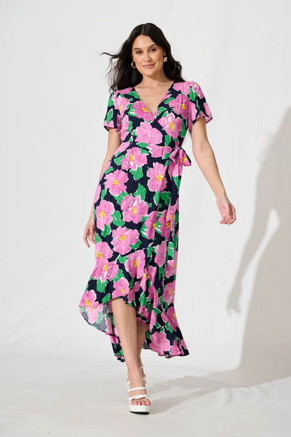 Naira Midi Wrap Dress in Black and Purple Floral