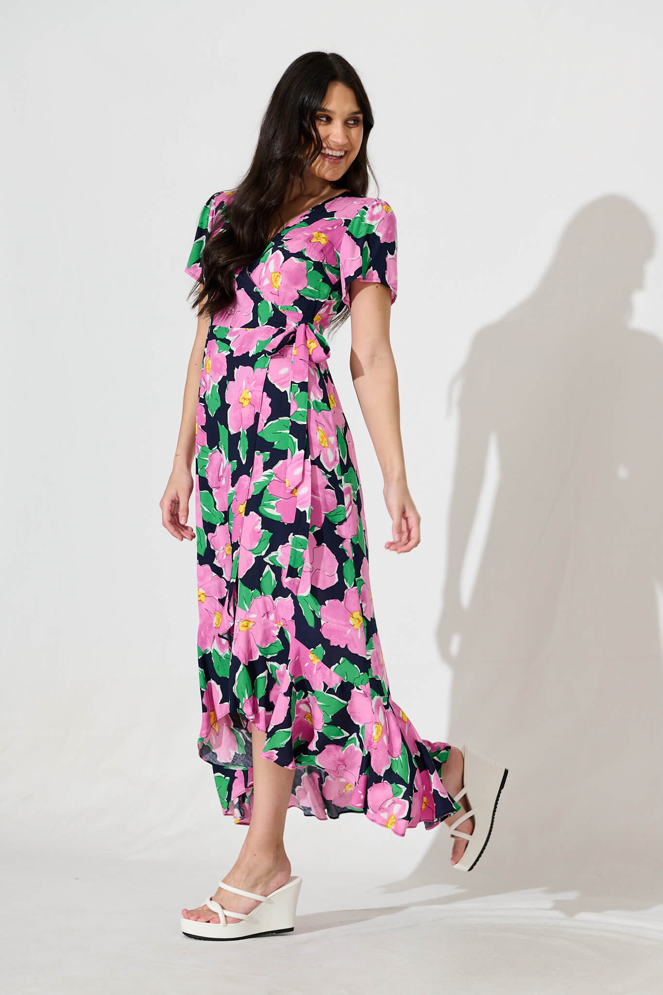 Naira Midi Wrap Dress in Black and Purple Floral