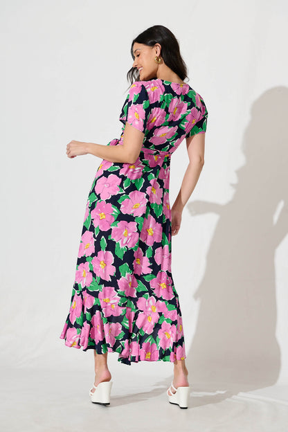 Naira Midi Wrap Dress in Black and Purple Floral