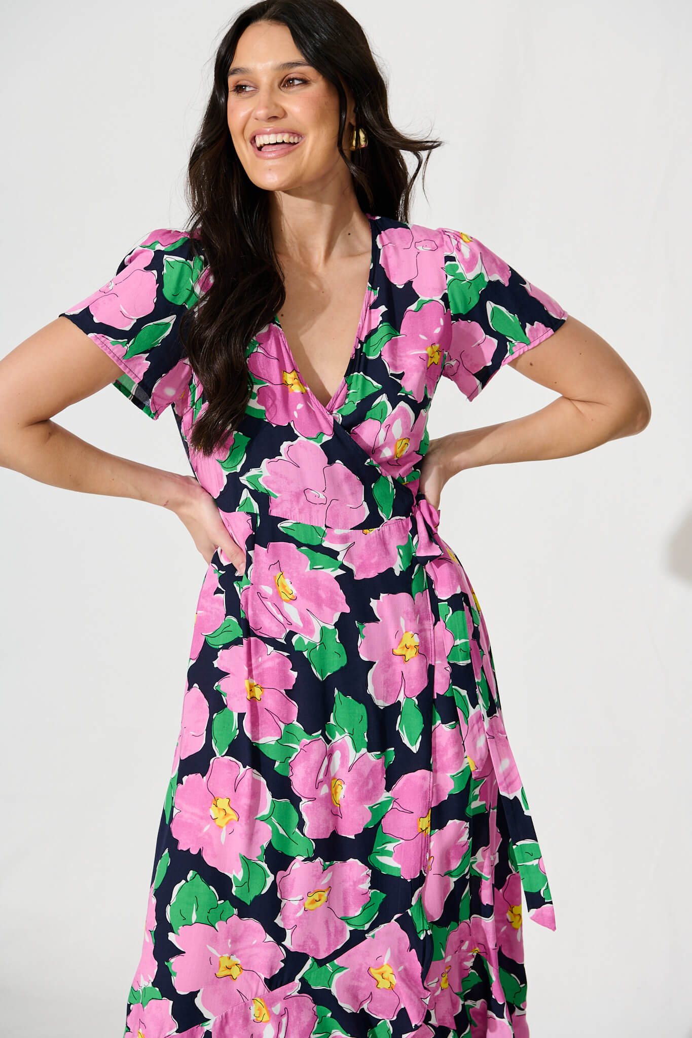 Naira Midi Wrap Dress in Black and Purple Floral