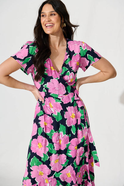Naira Midi Wrap Dress in Black and Purple Floral