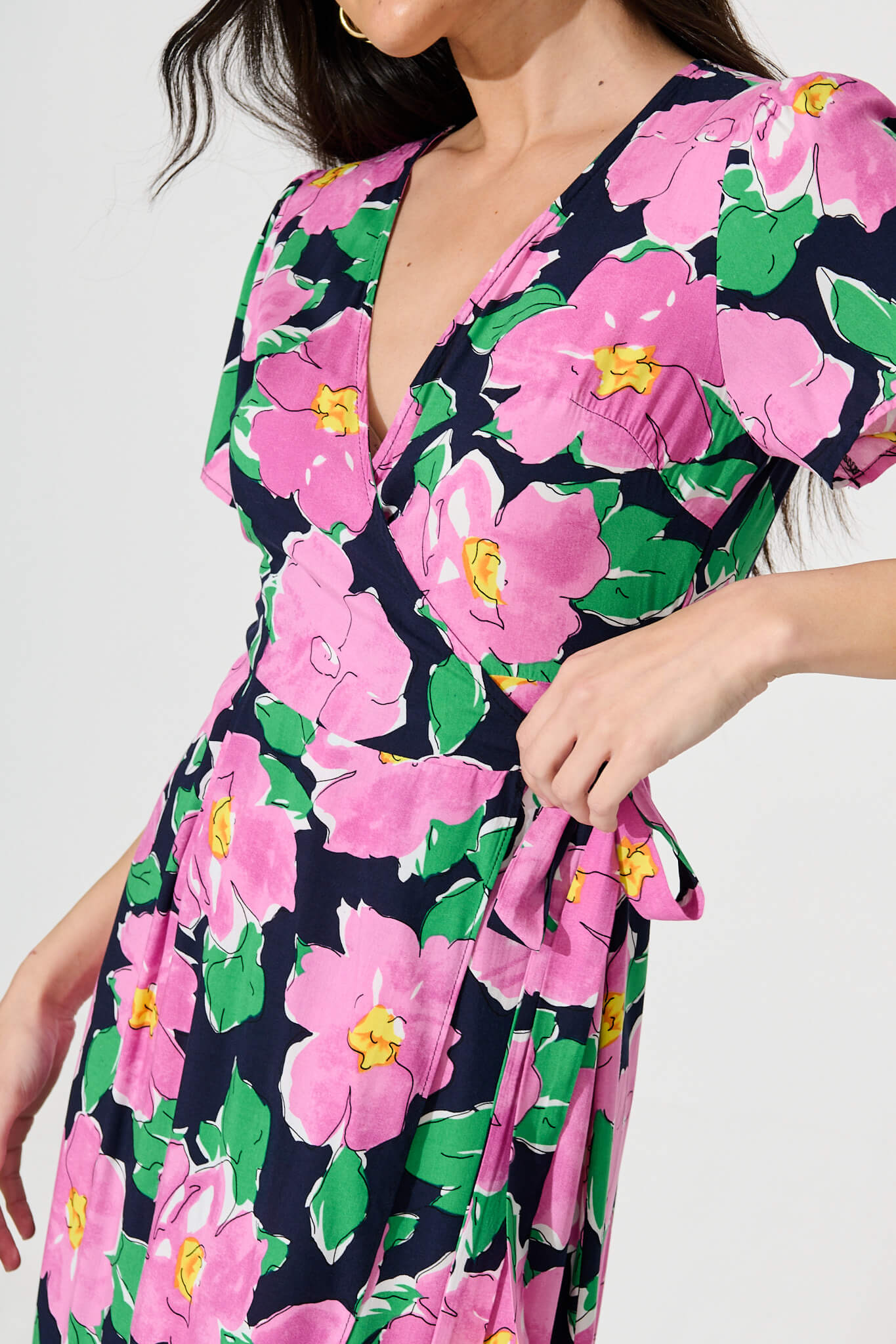 Naira Midi Wrap Dress in Black and Purple Floral