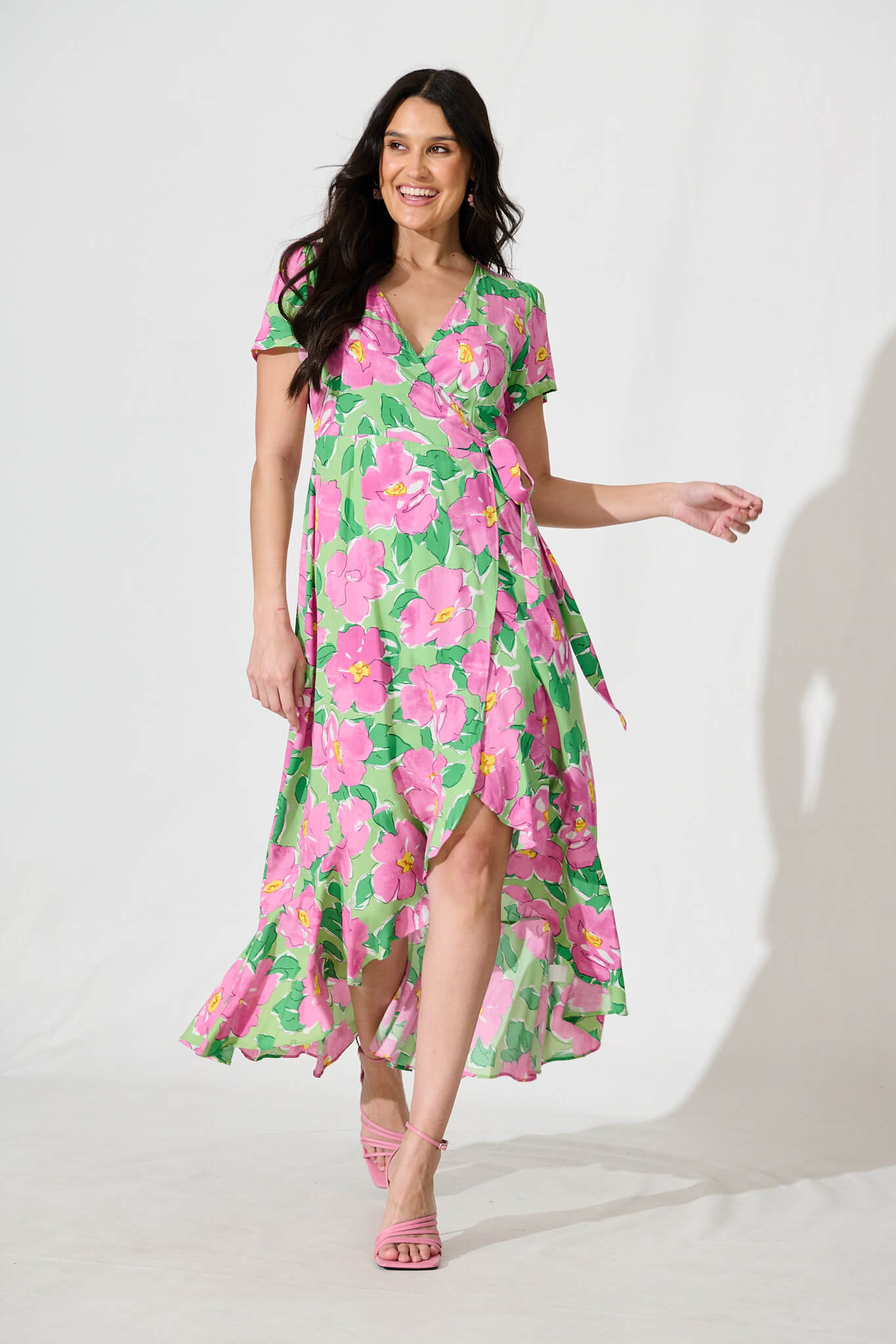 Naira Midi Wrap Dress in Green and Purple Floral