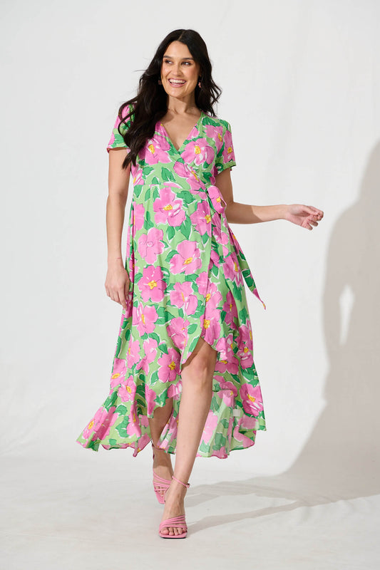 Naira Midi Wrap Dress in Green and Purple Floral