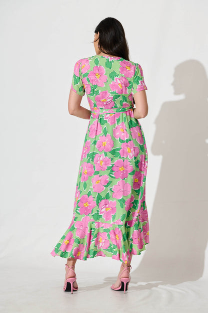 Naira Midi Wrap Dress in Green and Purple Floral
