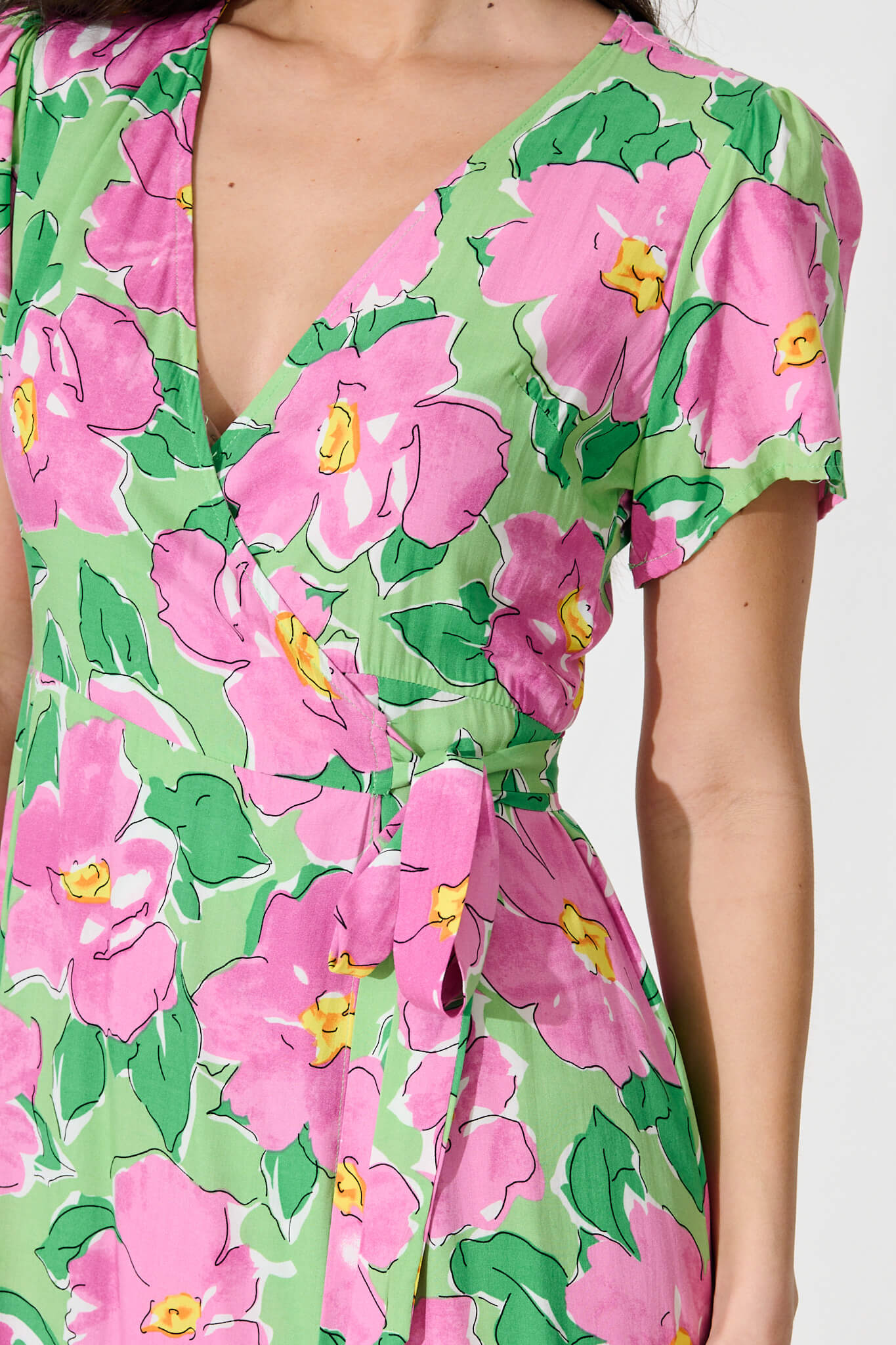 Naira Midi Wrap Dress in Green and Purple Floral