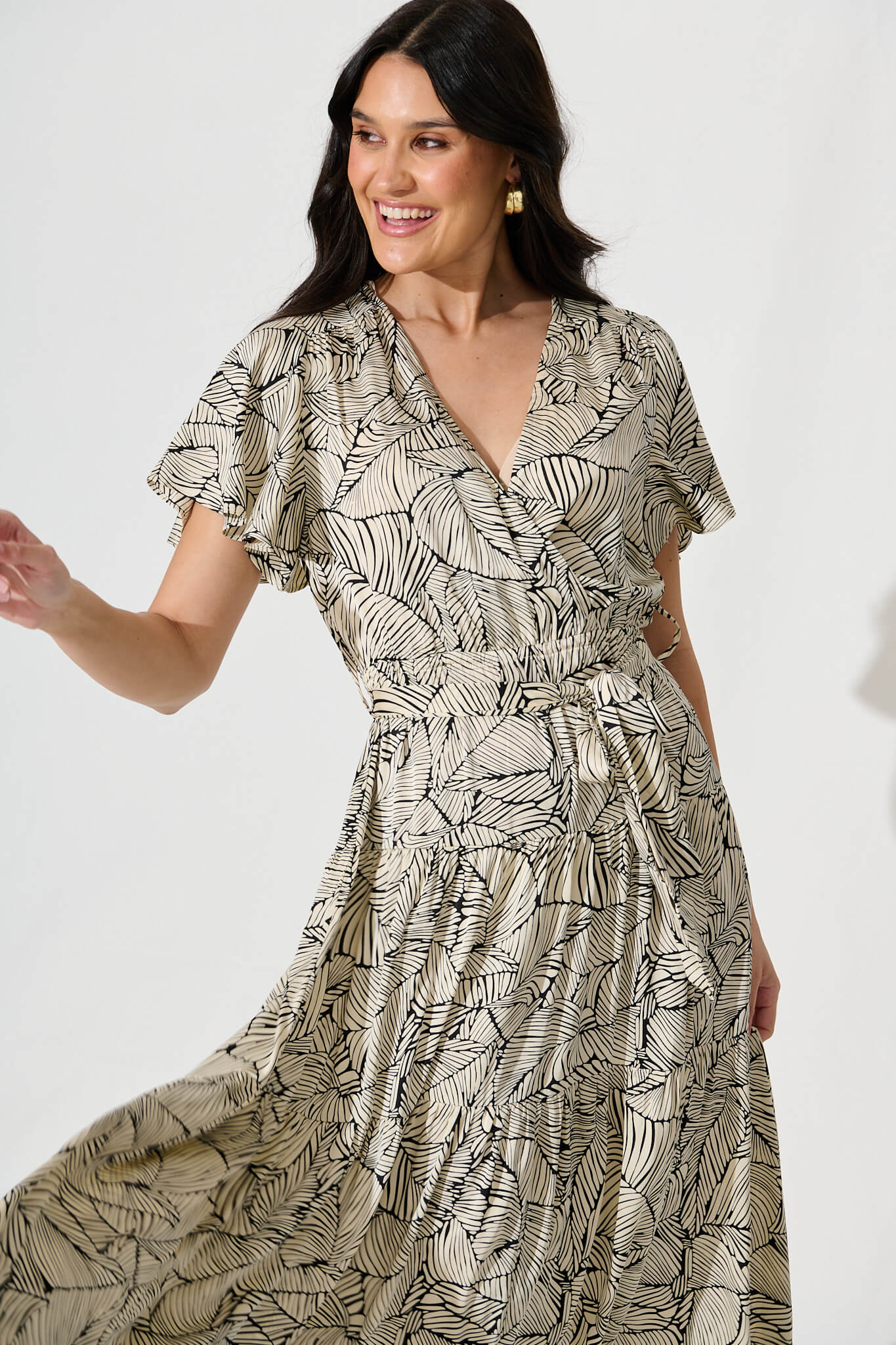 Heidi Maxi Dress in Cream with Black Leaf Satin