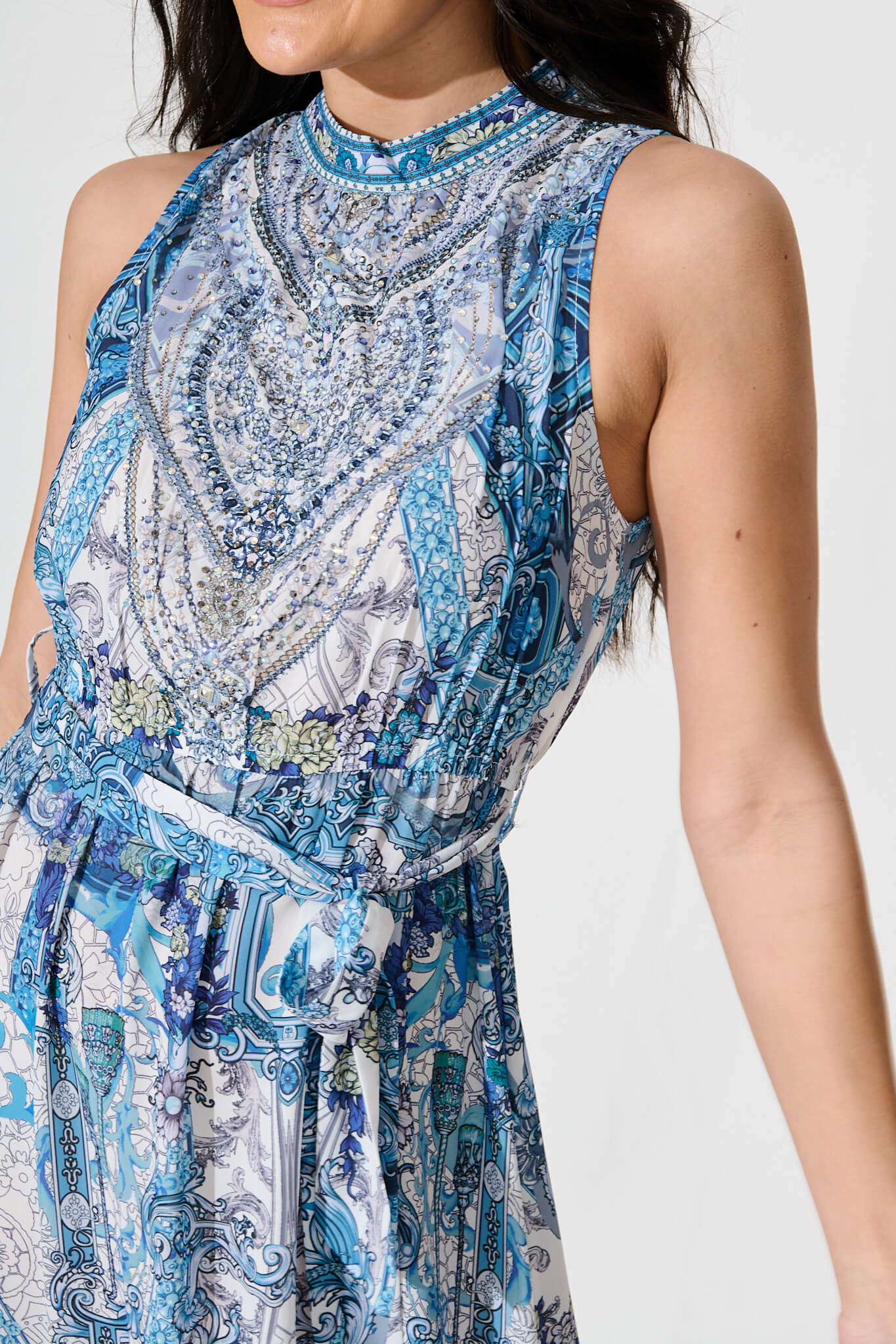 Codami Maxi Dress in Multi Blue with Gemstones