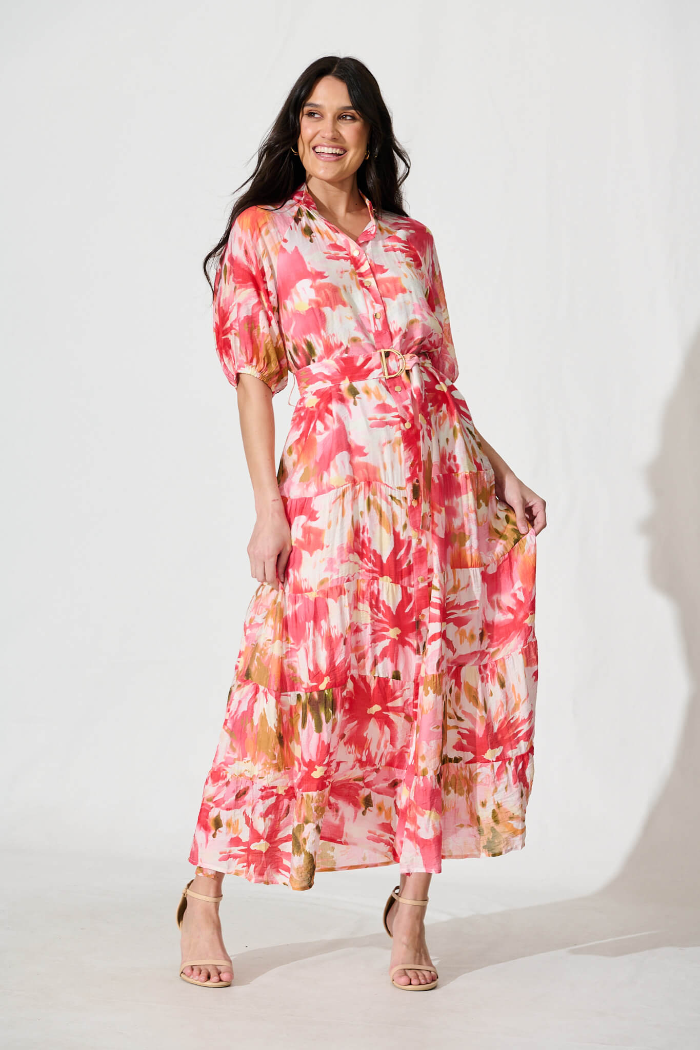 Buon Giorno Maxi Shirt Dress in Red with Multi Floral Print