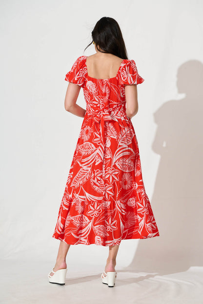 Candie Midi Dress In Red with White Print