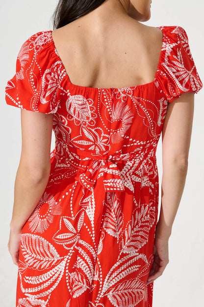 Candie Midi Dress In Red with White Print