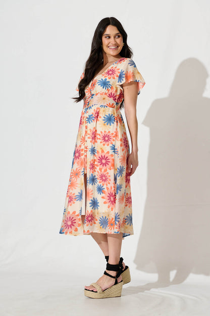 Jocely Midi Dress In Cream with Tangerine Floral