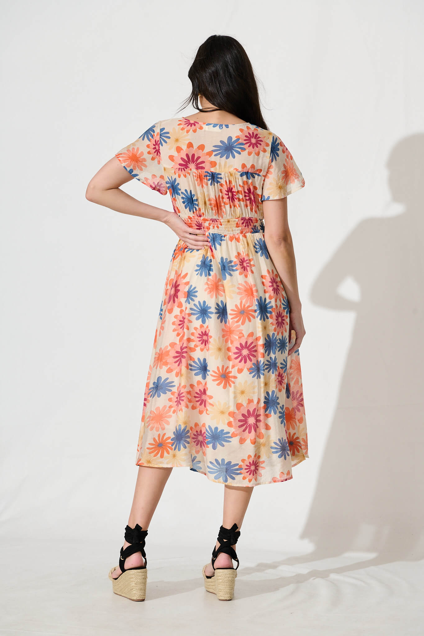 Jocely Midi Dress In Cream with Tangerine Floral