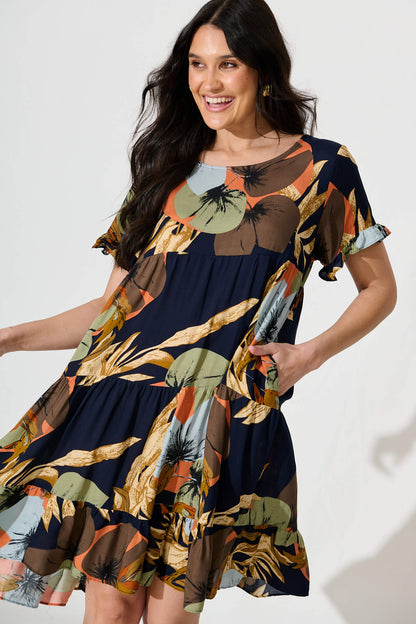 Jacklyn Smock Dress in Navy Multi Graphic Print