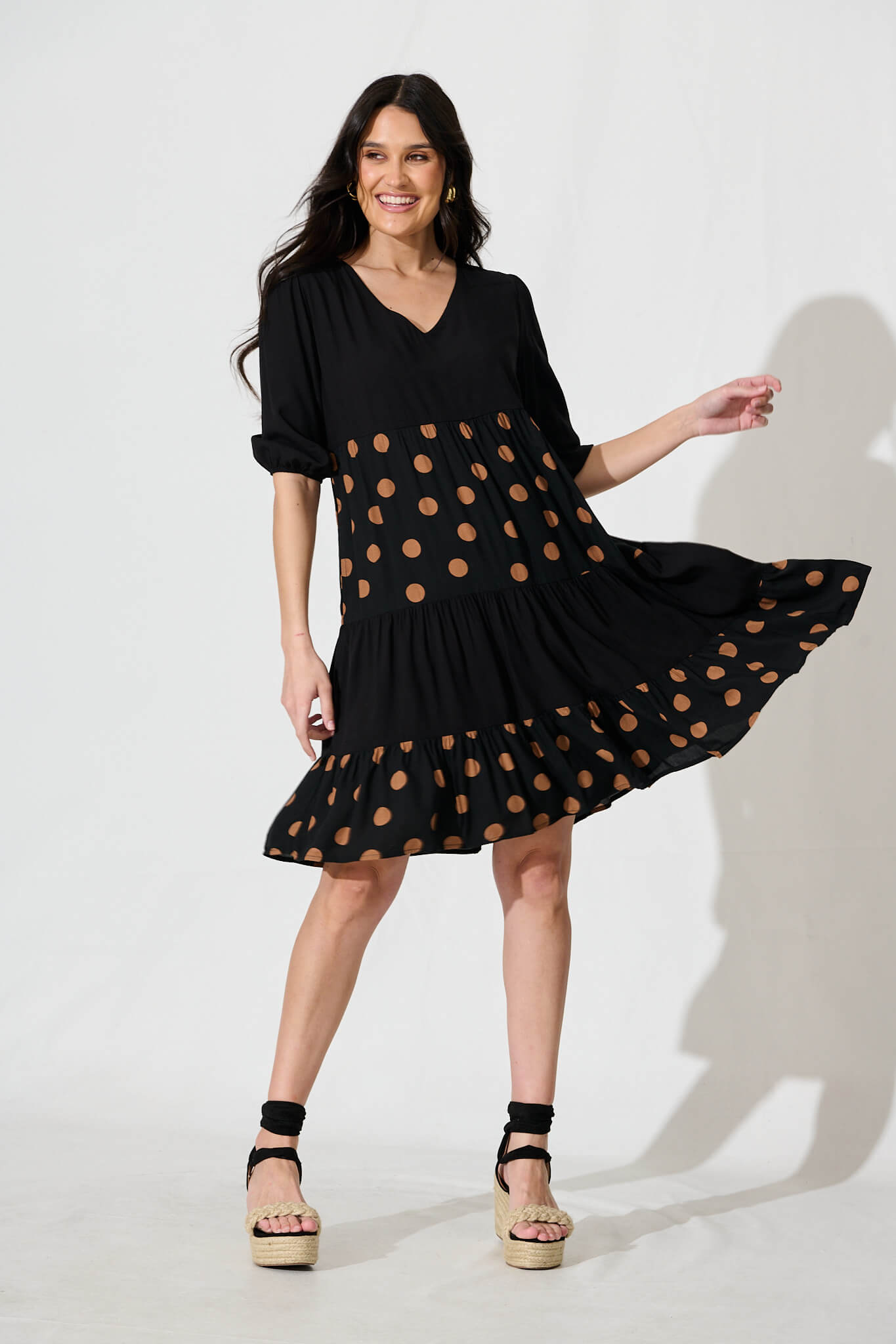 Vitria Smock Dress in Black with Brown Spot