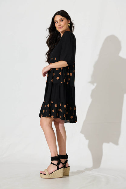 Vitria Smock Dress in Black with Brown Spot