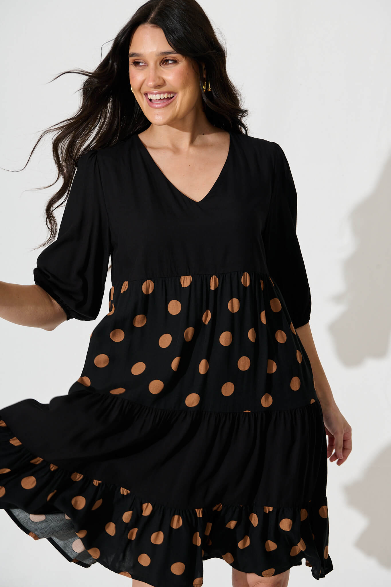 Vitria Smock Dress in Black with Brown Spot