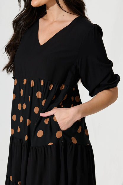 Vitria Smock Dress in Black with Brown Spot