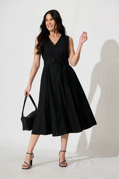 Iliya Midi Dress in Black Cotton Linen