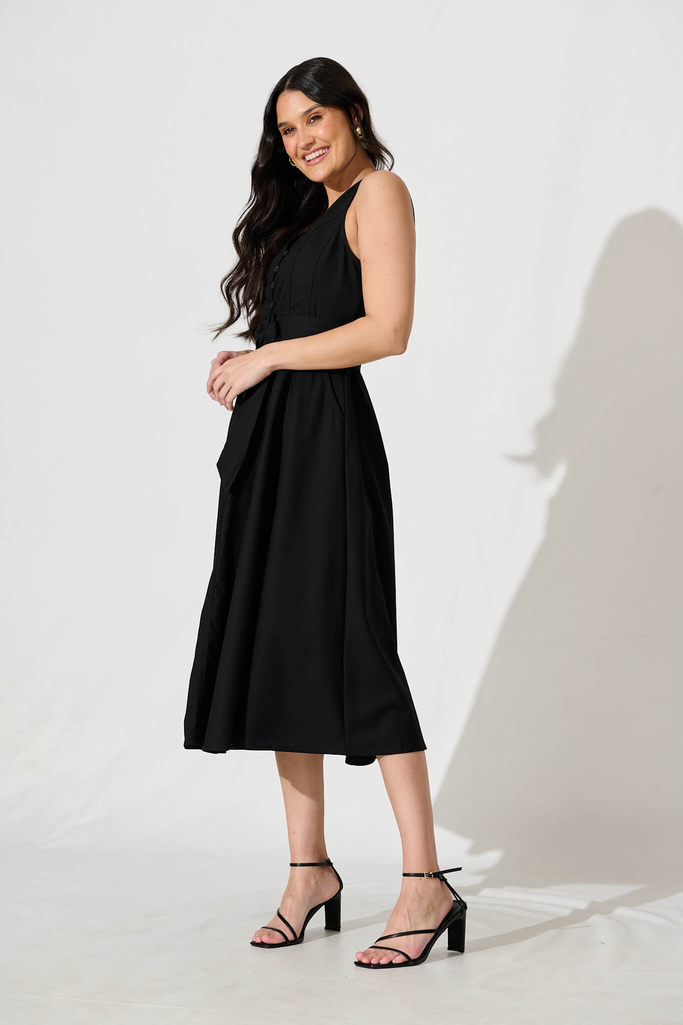 Iliya Midi Dress in Black Cotton Linen