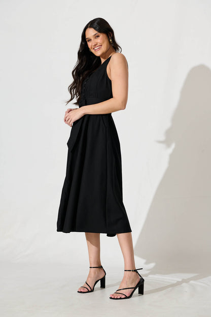 Iliya Midi Dress in Black Cotton Linen