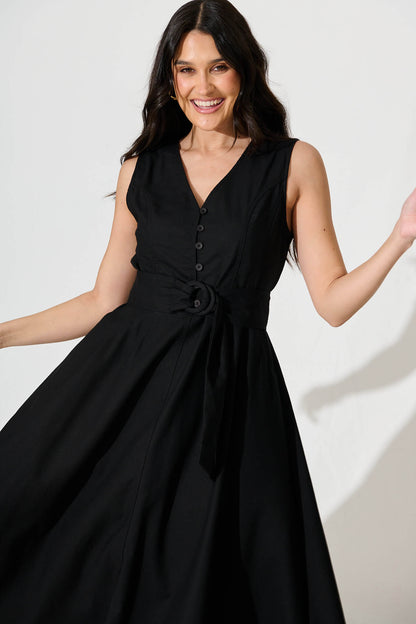 Iliya Midi Dress in Black Cotton Linen