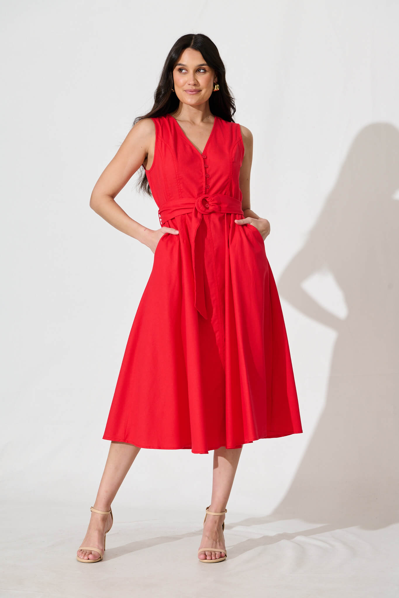 Iliya Midi Dress in Red Cotton Linen