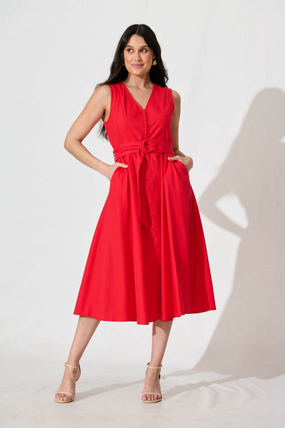 Iliya Midi Dress in Red Cotton Linen