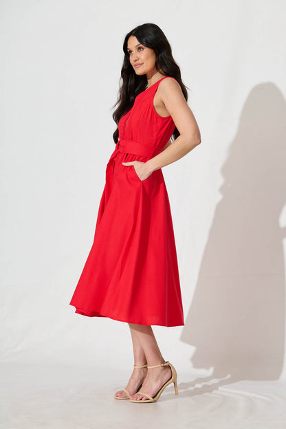 Iliya Midi Dress in Red Cotton Linen