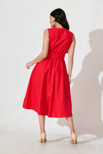 Iliya Midi Dress in Red Cotton Linen