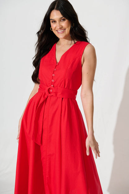 Iliya Midi Dress in Red Cotton Linen