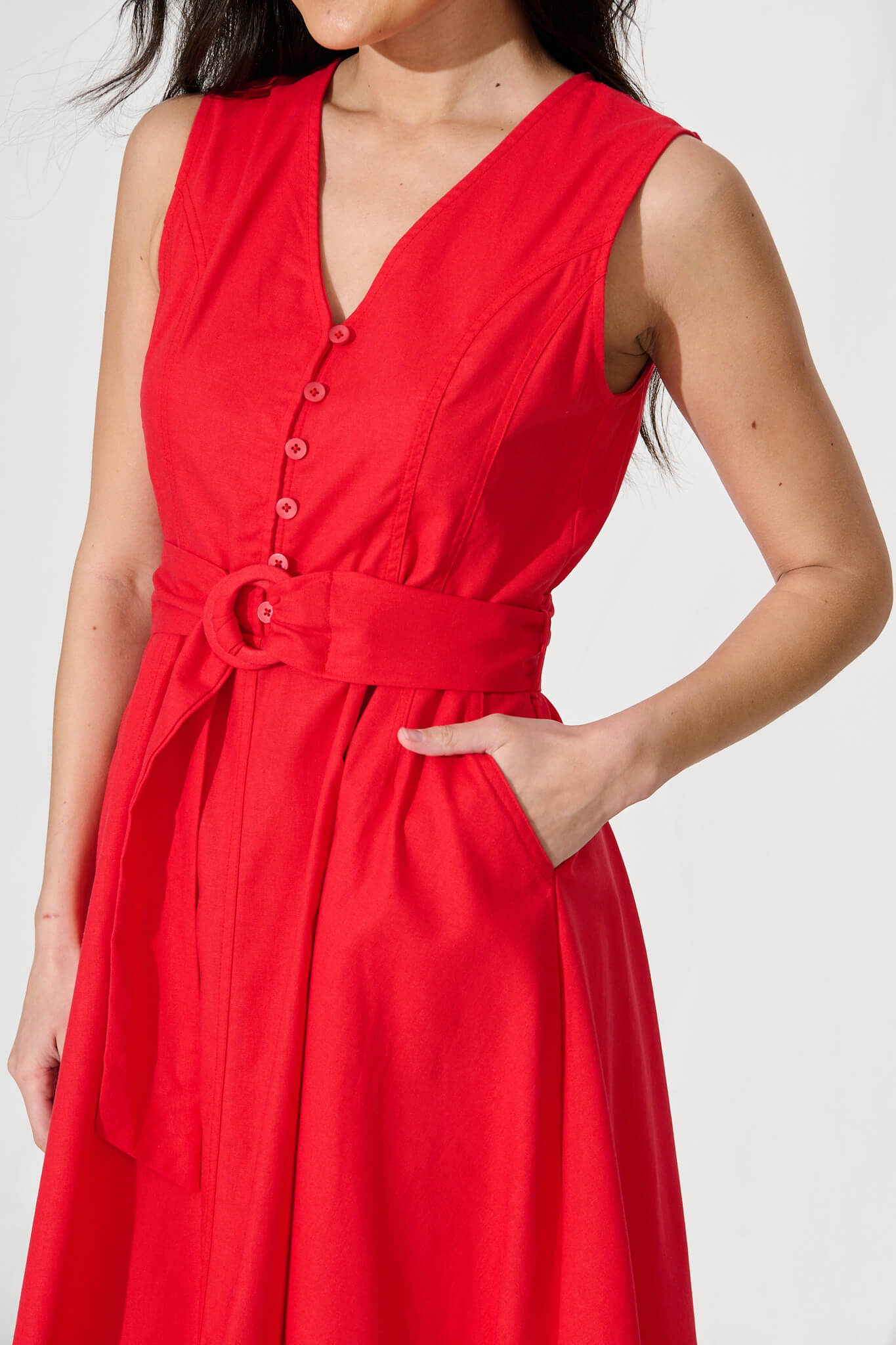 Iliya Midi Dress in Red Cotton Linen