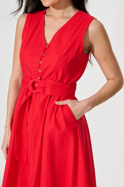 Iliya Midi Dress in Red Cotton Linen