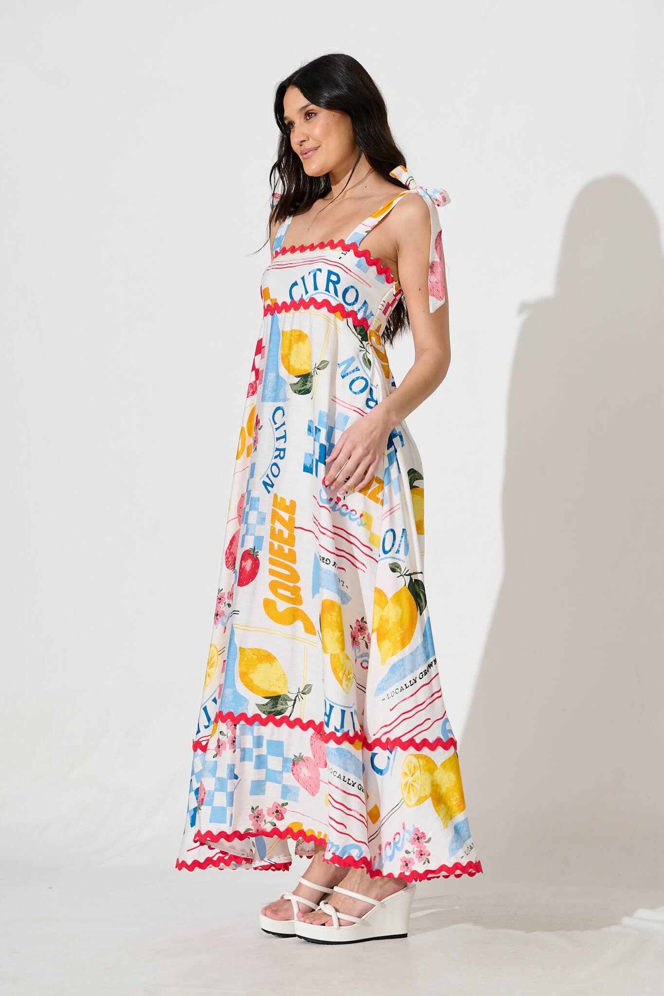 Somerset Maxi Sundress In White Lemon Print Ric Rac Trim