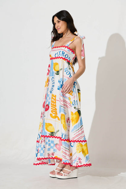Somerset Maxi Sundress In White Lemon Print Ric Rac Trim