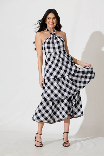 Dolson Halter Neck Midi Dress in Black and White Gingham