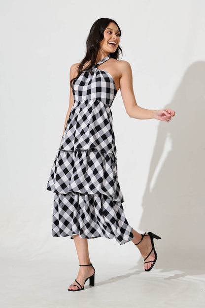 Dolson Halter Neck Midi Dress in Black and White Gingham