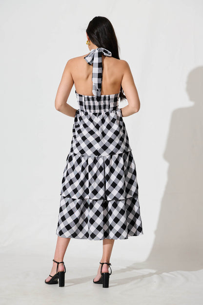 Dolson Halter Neck Midi Dress in Black and White Gingham